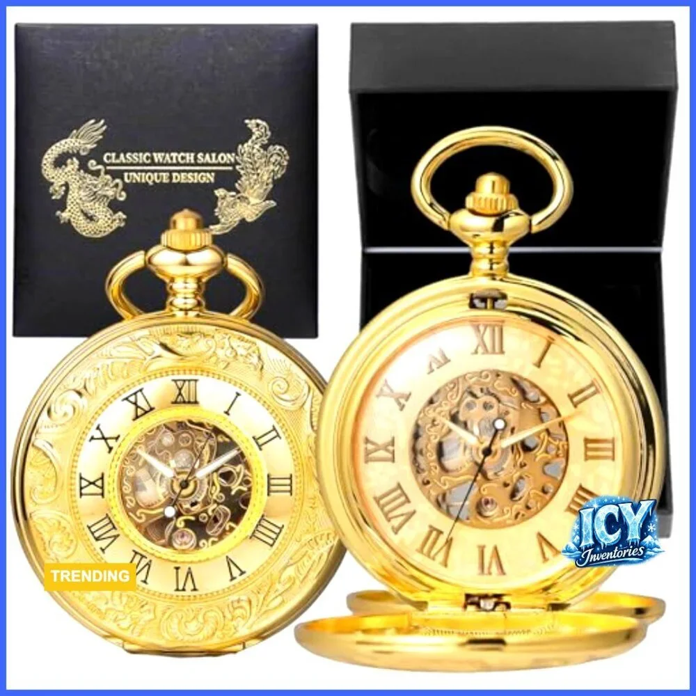 Skeleton Mechanical Pocket Watch Roman Numerals Dial with Chain